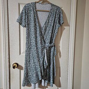 Ms Basic Green and White Wrap Dress